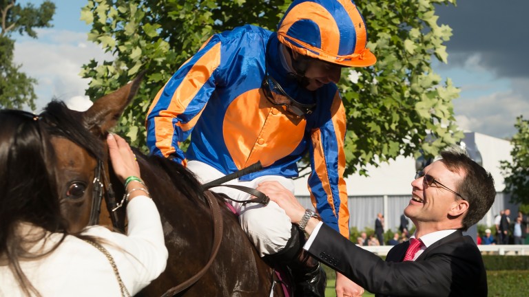 Aidan O'Brien congratulates Ryan Moore after Found's Prix de l'Arc de Triomphe success 12 months ago