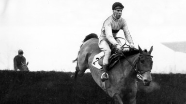 Arkle jumping, with Dormant closing up behind. King George 1966