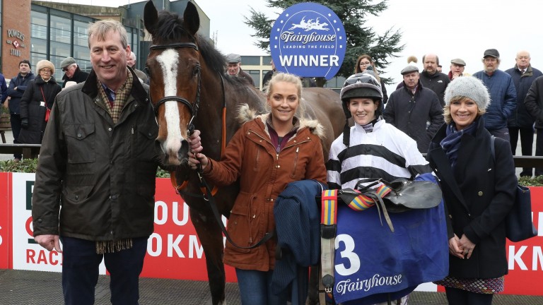 Ellmarie Holden (second left) with Ex Patriot after his winning debut over hurdles