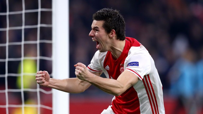 Nick Viergever celebrates scoring for Ajax in the Europa League