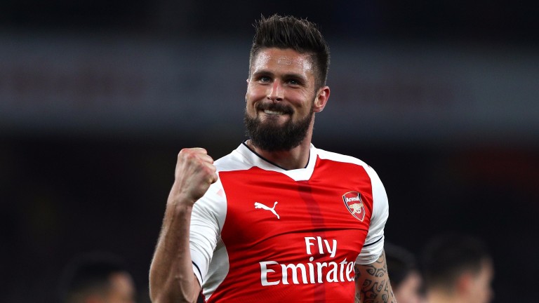 Olivier Giroud celebrates his goal against Lincoln in the FA Cup