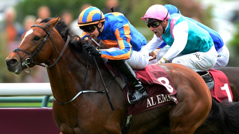 Full Mast (pink cap) finishes behind Gleneagles before being promoted to first place in the Prix Jean-Luc Lagardere