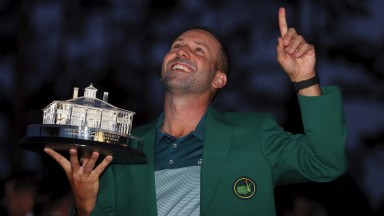 Sergio Garcia celebrates during the Green Jacket ceremony