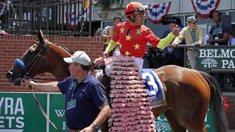 Winner's blanket: Abel Tasman and Mike Smith after winning the Grade 1 Acorn on the Belmont Stakes undercard