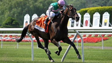 Antonoe (First Defense) and jockey Javier Castellano win the Just a Game (Gr I) at Belmont Park 6/10/17. Trainer: Chad Brown. Owner: Juddmonte Farms