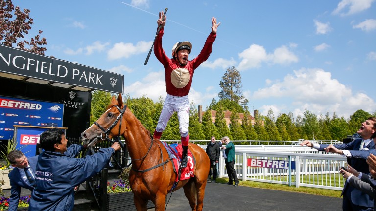 Frankie Dettori leaps from winner Hertford Dancer at Lingfield