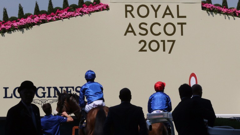 Pacemaker Toscanini (red cap) leads out eventual winner Ribchester before the Queen Anne Stakes