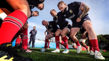 The Lions front row of Dan Cole, Rory Best and Joe Marler get ready to engage on the training pitch