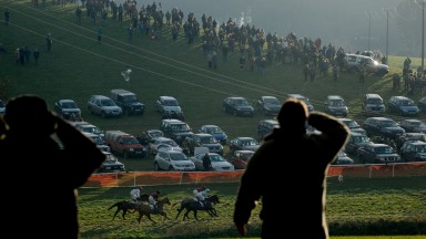 Action under rules might have all been called off due to the weather, but the first point-to-point of the season went ahead at Black Forest Lodge. Pictured is The Slug (blue colours) winning division one of the open maiden (November 28, 2010) Picture: Dav