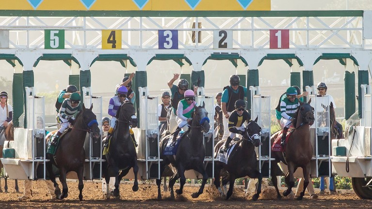 Accelerate (Victor Espinoza) breaks from the inner before making all to win the San Diego Handicap, with world champion Arrogate in the centre after exiting gate three