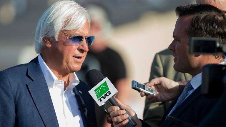 Bob Baffert is interviews by race sponsors TVG after Arrogate's defeat in the San Diego Handicap