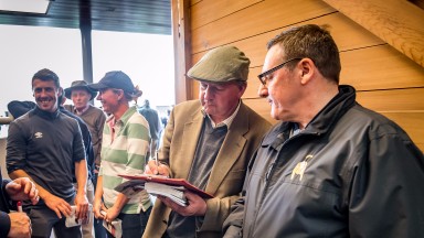 Tim Easterby and Simon Bridge from Ontoawinner after securing a Mayson filly at the Silver Sale