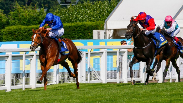Masar (blue): clearing away from his rivals in the Solario Stakes