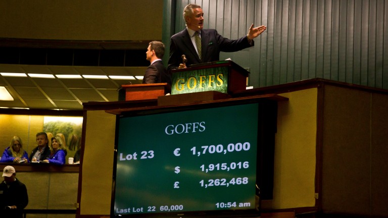 Auctioneer Henry Beeby sells lot 23 a Frankel x Alexander Goldrun yearling filly for â¬1.7million to China Horse Club Goffs Orby sale Photo: Patrick McCann 29.09.2015