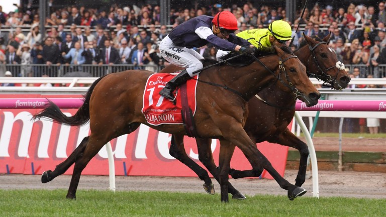 Almandin (Kerrin McEvoy, nearside) beats Heartbreak City in last year's Emirates Melbourne Cup