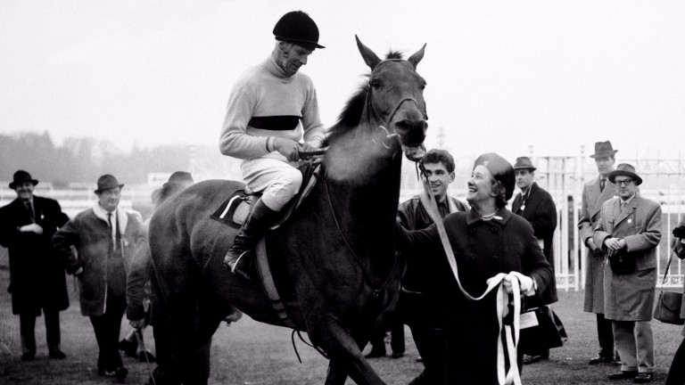 Arkle (Pat Taaffe) is led in at Ascot by his owner Anne, Duchess of Westminster