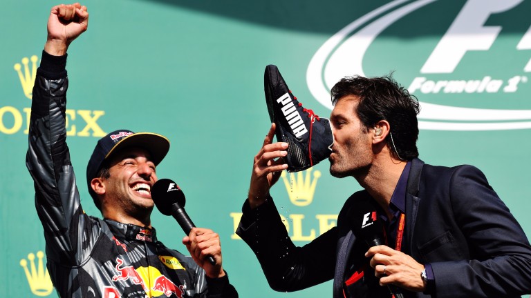 Daniel Ricciardo enjoys watching Mark Webber drink champagne from his racing boot