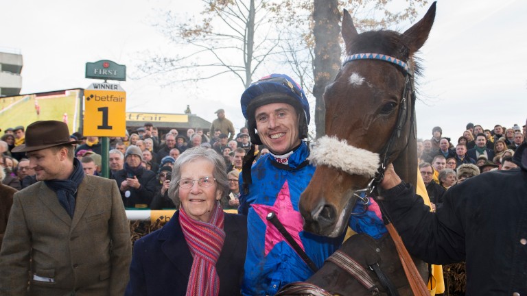 Owner Jean Bishop with Cue Card and Paddy Brennan after the 2016 Betfair Chase at Haydock