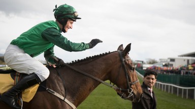 Daryl Jacob celebrates winning on Footpad in the Ryanair Novice Chase.Punchestown.Photo: Patrick McCann 26.04.2018