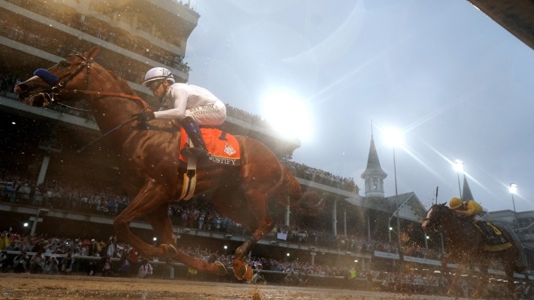 Triple Crown hero Justify storms home in the Churchill Downs slop to win the Kentucky Derby in a deluge last May