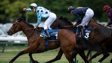 Demuro’s done it: a punch of the air from Cristian Demuro as he and Olmedo win a thrilling French 2,000 Guineas from Hey Gaman and Dice Roll (right)
