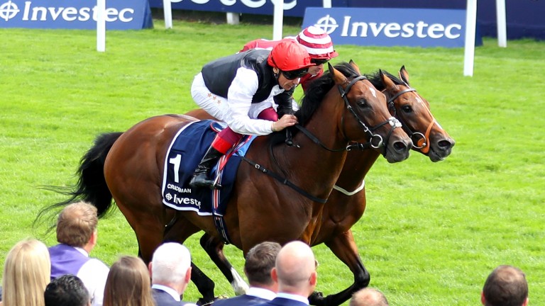 Cracksman (red hat): just getting up in the final strides to deny Salouen