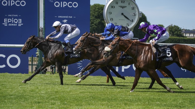 Study Of Man (left) wins the Prix du Jockey-Club under Stephane Pasquier