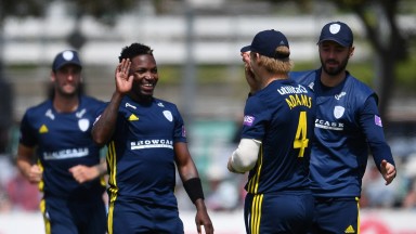 Fidel Edwards of Hampshire celebrates a wicket in the One-Day Cup win over Sussex