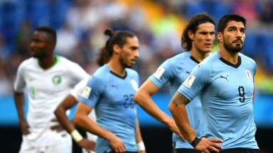 Uruguay's Luis Suarez looks dejected during the game against Saudi Arabia