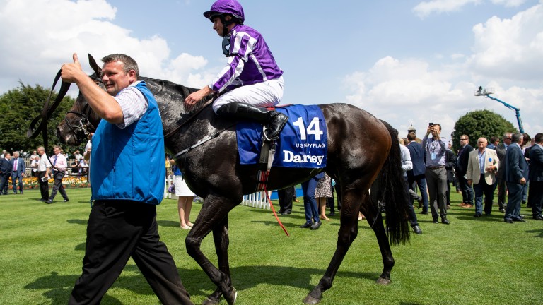 David Hickey leads US Navy Flag and Ryan Moore into the winner's enclosure