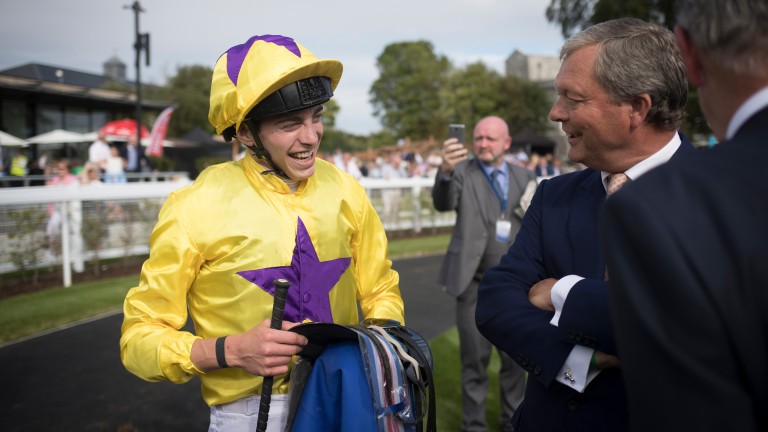 James Doyle with trainer William Haggas after the victory of Sea Of Class