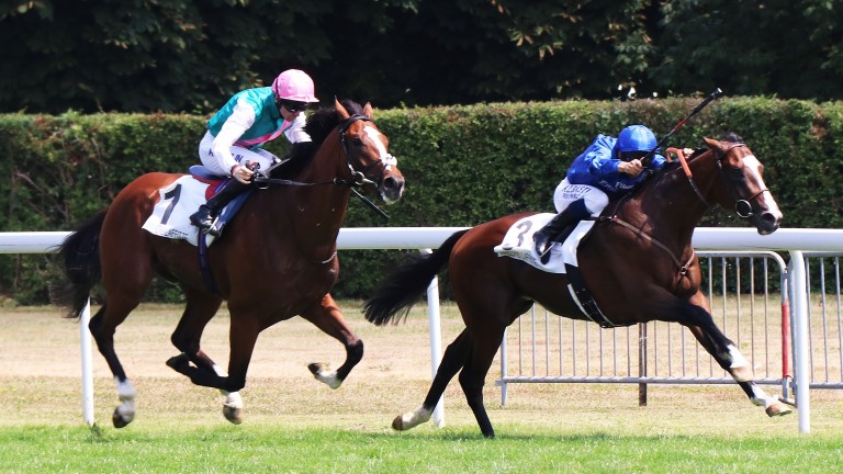 Gyllen (M Barzalona) winning the Grand Prix de Maisons-Laffitte. Prix Eugene Adam (Group 2) from Crossed Baton.Maisons-Laffitte 15.07.18pic - focusonracing.com