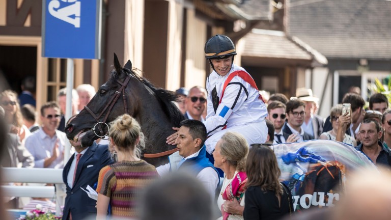 Alexis Badel celebrates winning the Prix Jean Romanet on Nonza