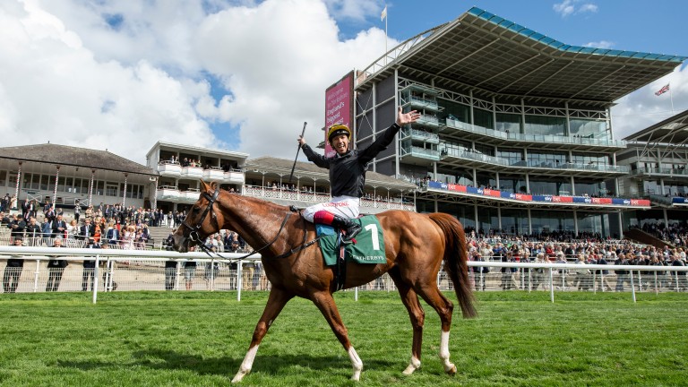 Frankie Dettori celebrates winning the Lonsdale Cup on Stradivarius