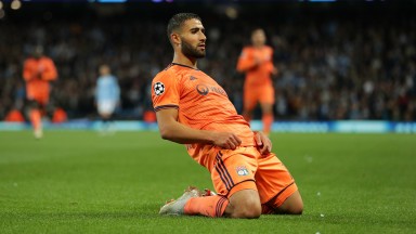 Nabil Fekir celebrates scoring Lyon's second goal against Man City