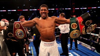 Anthony Joshua celebrates his Wembley win over Alexander Povetkin