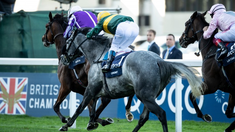 Magical (Ryan Moore) wins the Fillies and Mares stakesAscot 20.10.18 Pic: Edward Whitaker