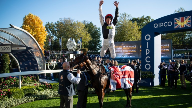 Frankie Dettori performs a flying dismount from Cracksman