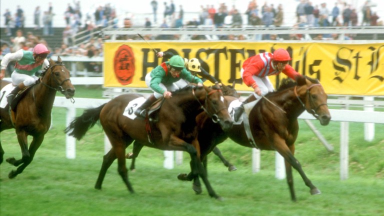 Commanche Run (right) keeps on well to win the St Leger under Lester Piggott
