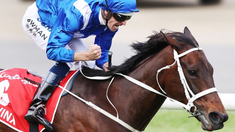 Hugh Bowman punches the air in delight after Winx's victory