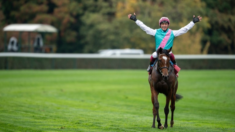 Frankie Dettori celebrates winning the Arc on Enable