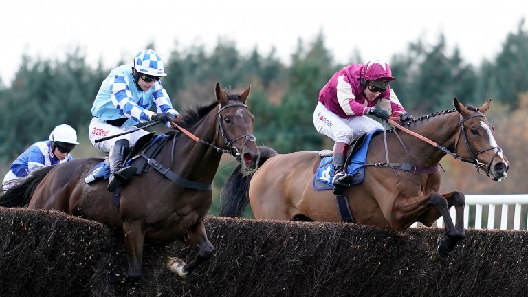 God's Own (Paddy Brennan, near side) brushes through the last as he joins Ozzie The Oscar (Richard Johnson) at the last before going on to win the Haldon Gold Cup at Exeter