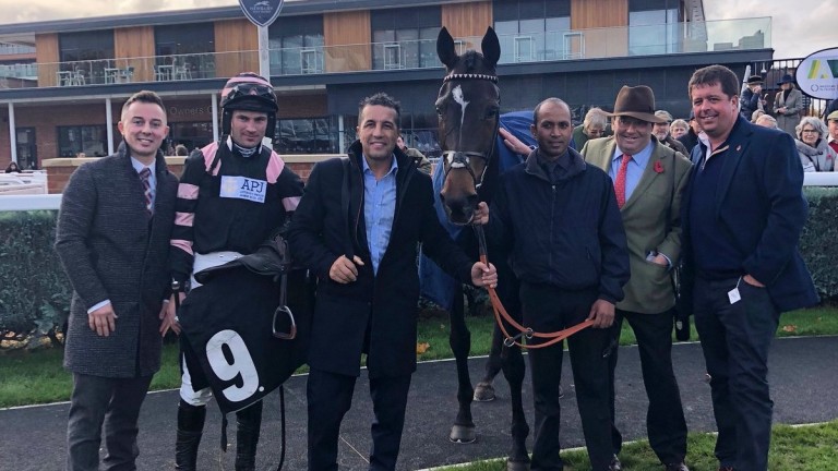 Stuart Parkin (far right) with Mike Grech (third left) and Nicky Henderson (second right) after a victory for Lust For Glory at Newbury