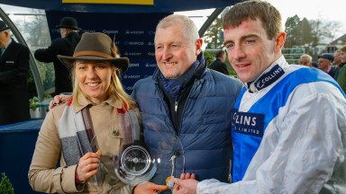 Owner Richard Collins, trainer Ruth Jefferson and jockey Brian Hughes celebrate Waiting Patiently's Ascot success