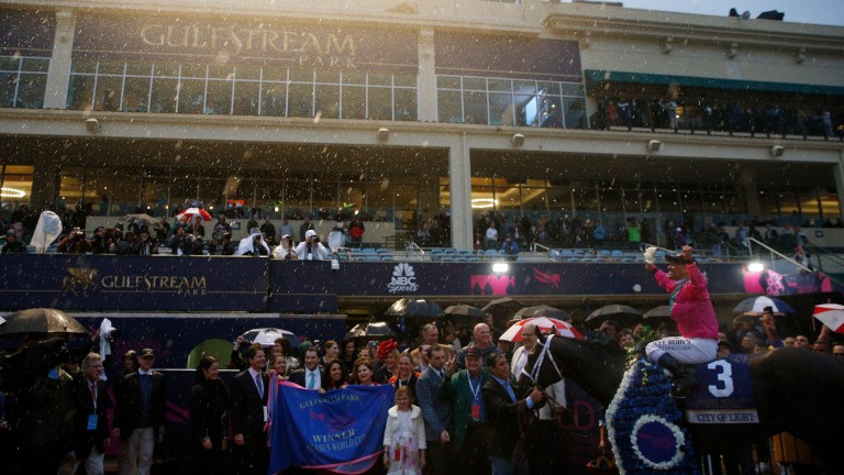 City Of Light and Javier Castellano return to the winner's enclosure at Gulfstream