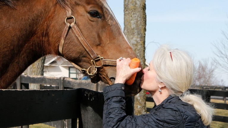 Jane Lyon plants a kiss on Love Me Only, the dam of Storm The Stars