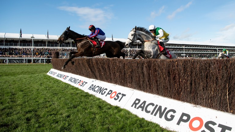 Beware The Bear leads Vintage Clouds over the last fence in the Ultima Handicap Chase