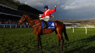 Rachael Blackmore celebrates A Plus Tard's 16-length victory in the Close Brothers