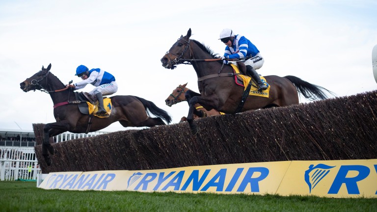 Frodon (right) jumps alongside 33-1 runner-up Aso on his way to a brave win in the Ryanair Chase