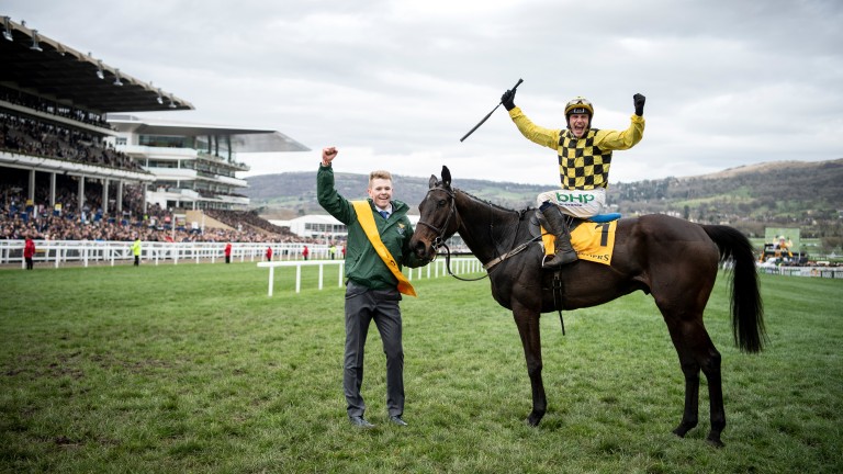 Paul Townend and groom Paul Roche celebrate with Al Boum Photo